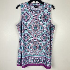 AB Studio Womens Paisley Top Large Sleeveless Colorful Pastel Boho Stretch